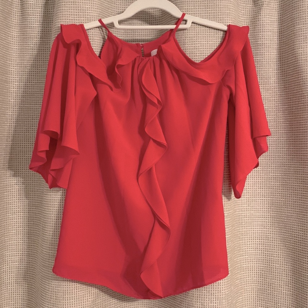 Belle Badgley Mischka open shoulder ruffle top